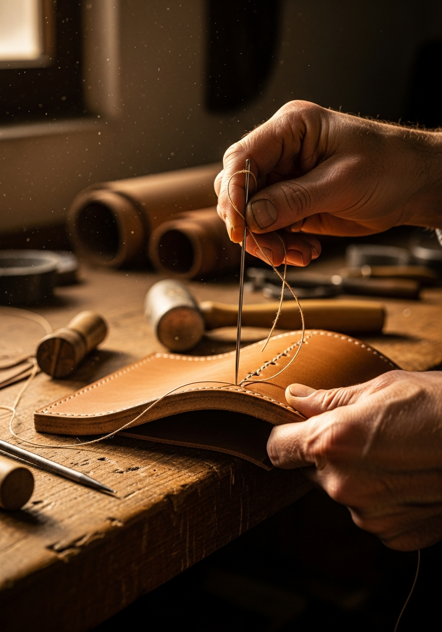 Master artisan hand-stitching a Peshawari chappal