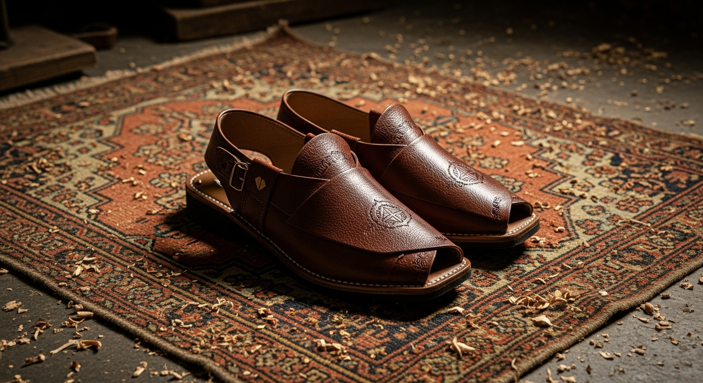 Peshawari chappal on an ornate carpet