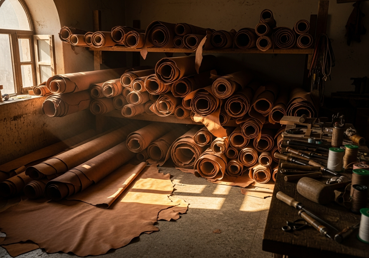 Rolls of vegetable-tanned leather in a craftsman's workshop