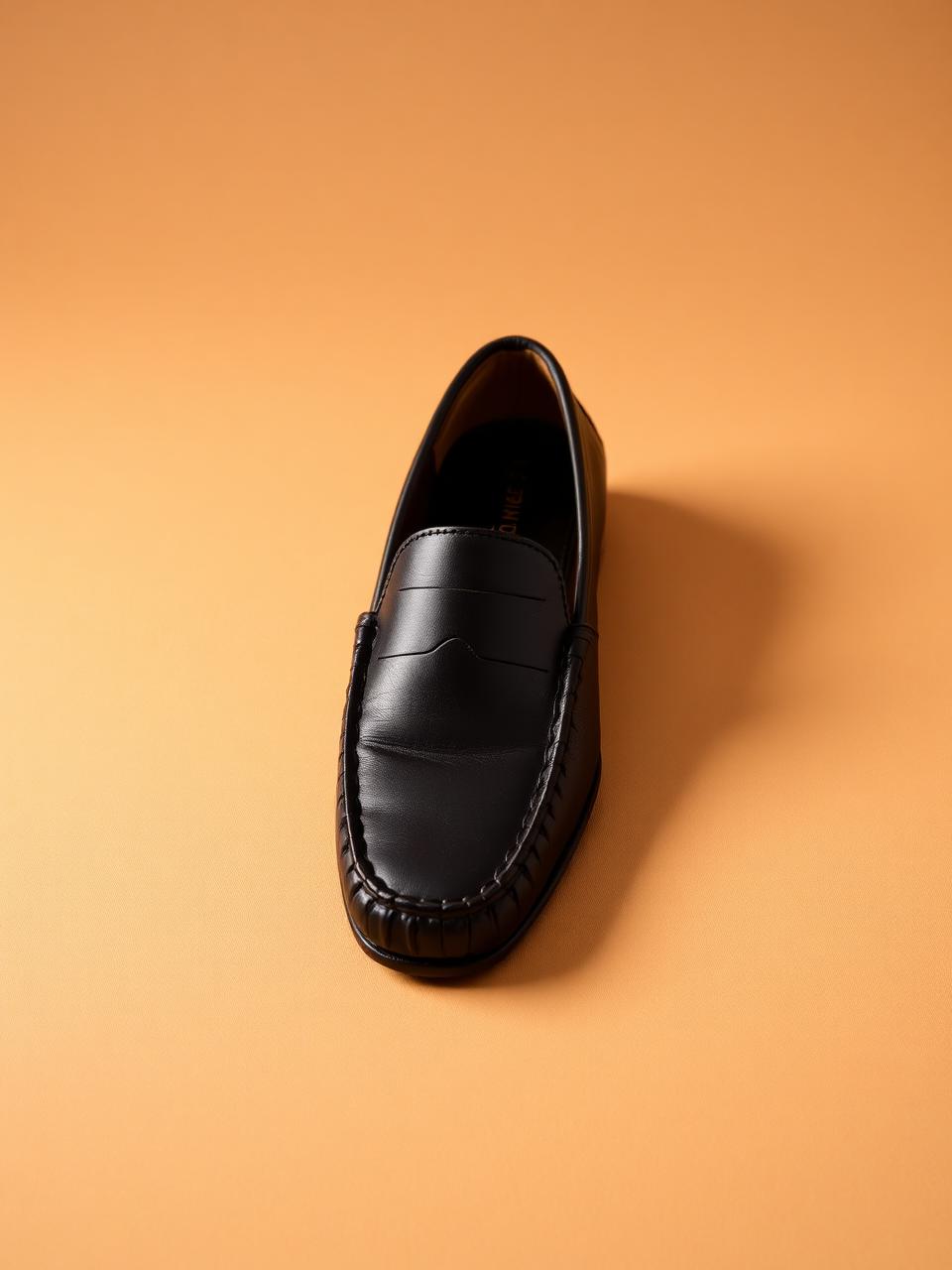 Black leather Peshawari loafer on warm tan backdrop