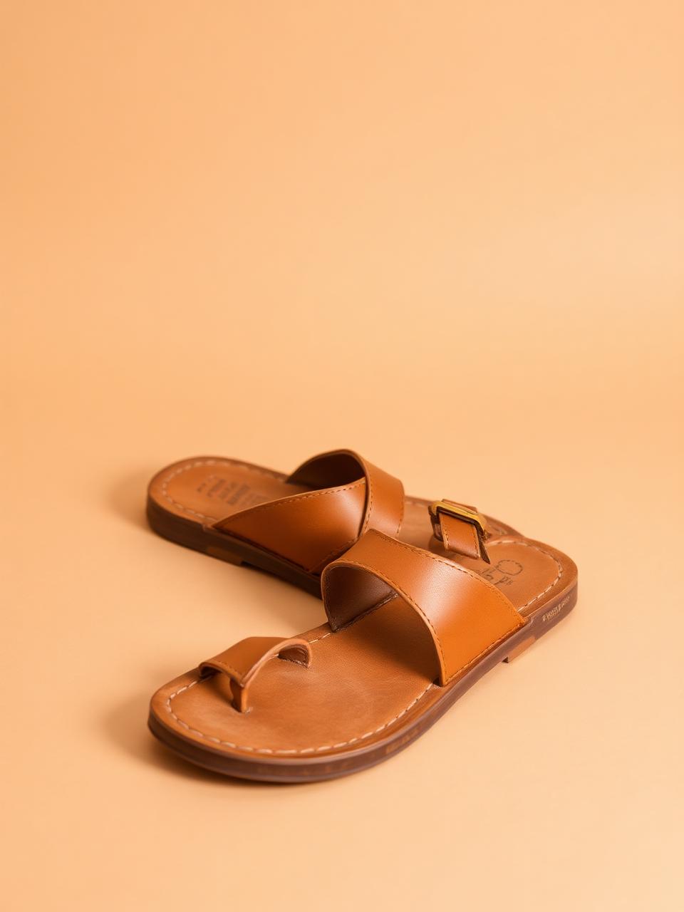 Tan leather Peshawari chappal on warm beige backdrop